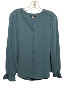 T Tahari Teal/Green Button-Front V-Neck Blouse Long Sleeve